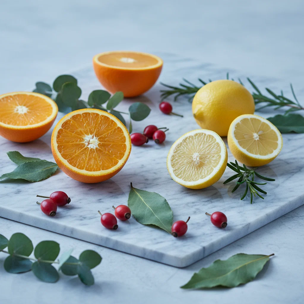 Apelsiner och citrusfrukter arrangerade på en stenbänk - naturlig C-vitaminkälla