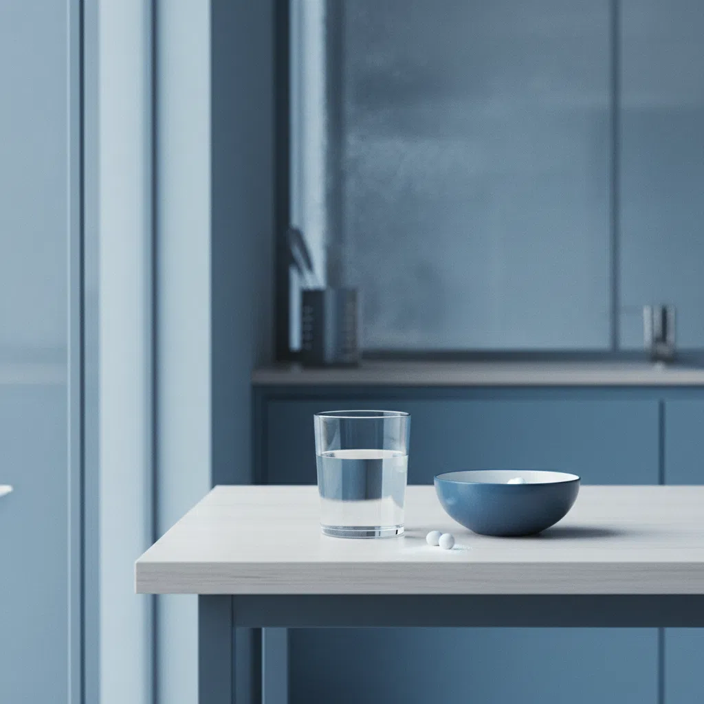 Ett glas vatten och en frukostbricka på ett ljust köksbord vid fönstret